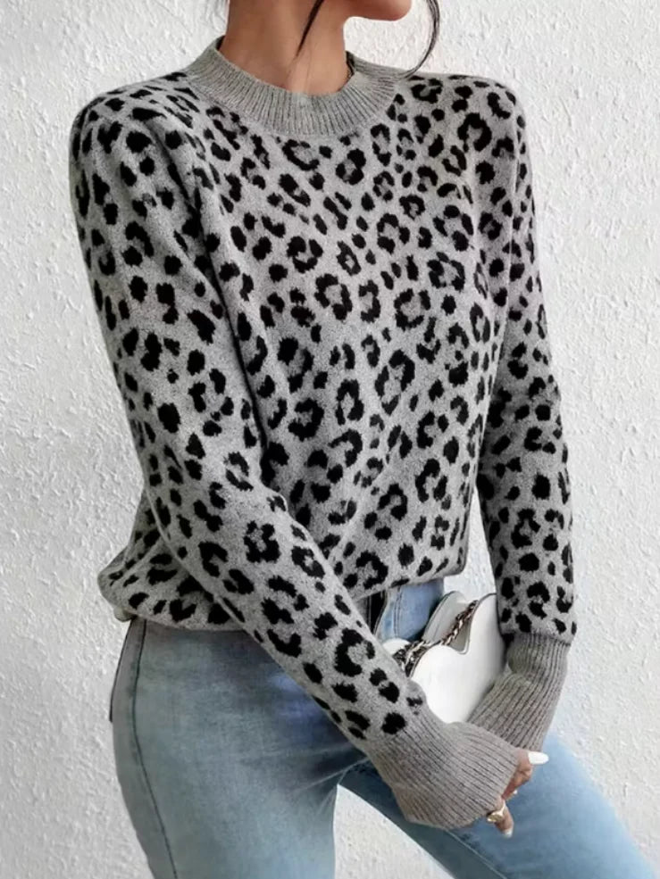Maglione leopardato donna girocollo a maniche lunghe - Grigio (GRAY)