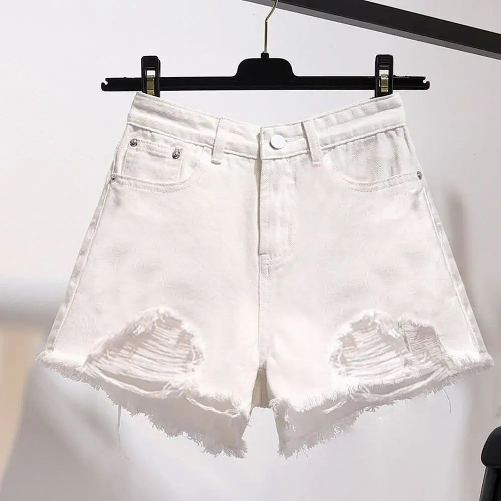 Cowboy shorts donna vita alta stile coreano – denim bianco con tasche, frange e strappi
