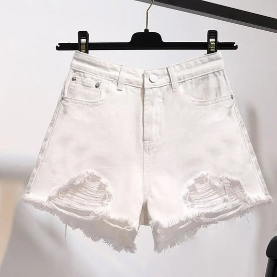 Cowboy shorts donna vita alta stile coreano – denim bianco con tasche, frange e strappi