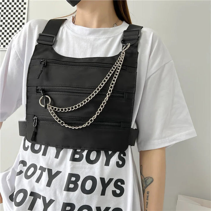 Borsa a petto unisex a 3 strati – pettorina nylon streetwear hip-hop versatile