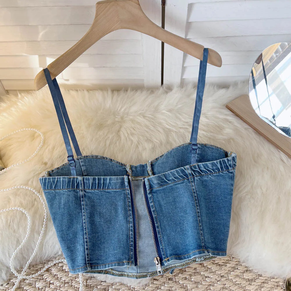 Top Denim Corsetto con Reggiseno Integrato – Crop Top Donna