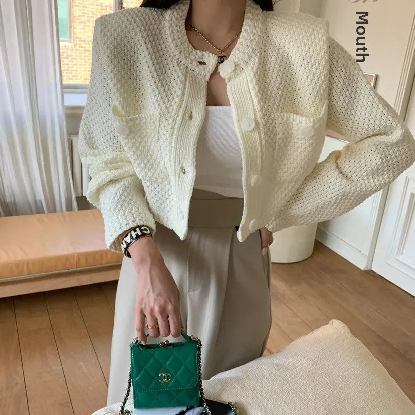 Cardigan donna coreano maniche corte collo polo – versatile knit senza maniche, girocollo, perfetto per tutte le stagioni