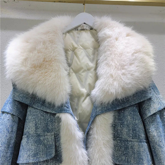 Parka imbottito donna con collo in pelliccia sintetica volpe + perline & strass – giacca elegante con beading 2025