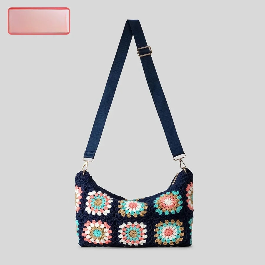 Borsa a tracolla in cotone uncinetto traforato – shoulder bag artigianale floreale con zip, stile boho