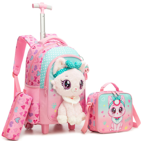 Girls 3D Plush Cat Rolling Backpack 3PCS Set - Waterproof Trolley School Bag with Wheels, Insulated Lunch Bag and Pencil Pouch -