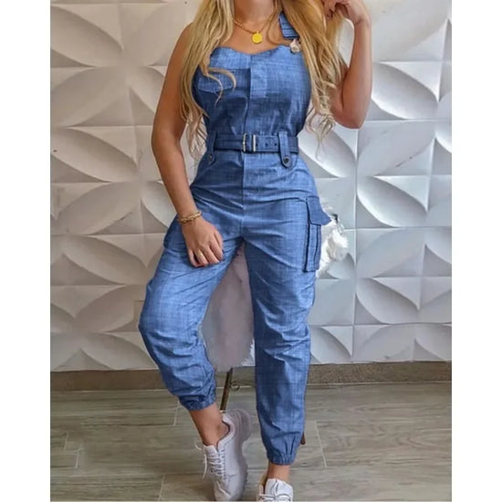Jumpsuit cargo donna 2025 – tuta senza maniche con spalline sottili, tasche utility, look casual chic