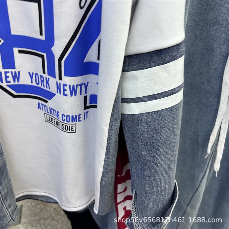 Completo Donna 2 Pezzi Denim Patchwork – Camicia Lunga + Jeans Vita Elastica Street Stylewo-Piece Set Letter Splicing