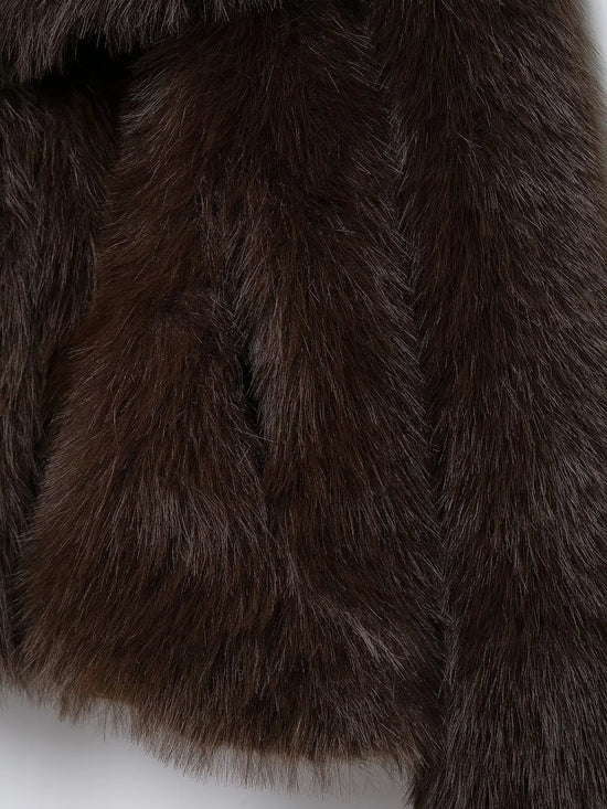 Giacca in pelliccia sintetica marrone con scollo a V per donna – Giacca lunga a maniche lunghe, stile casual elegante per l'autunno/inverno