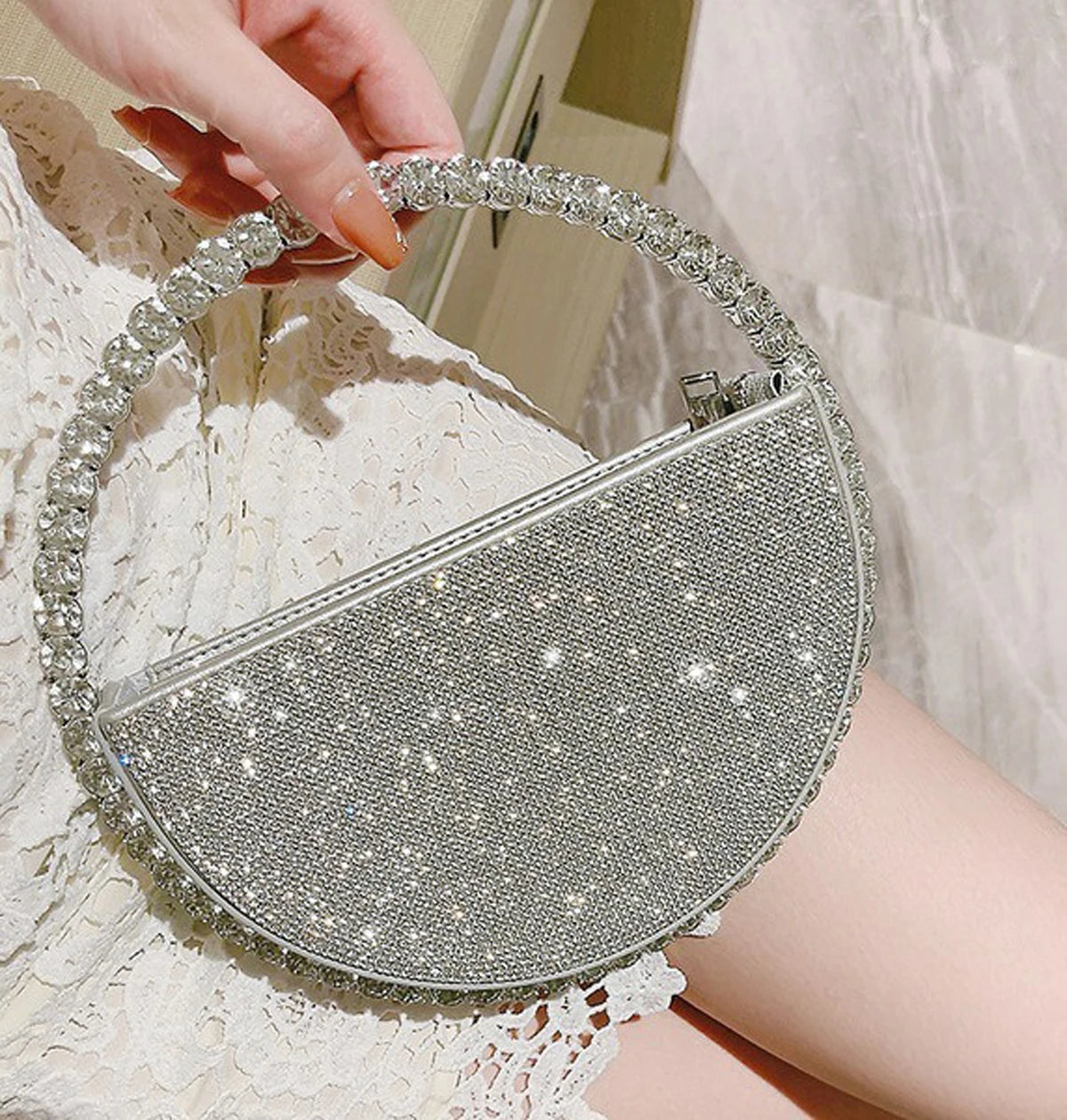 Clutch tonda glitter con strass – Borsa da sera elegante a forma di diamante piccola