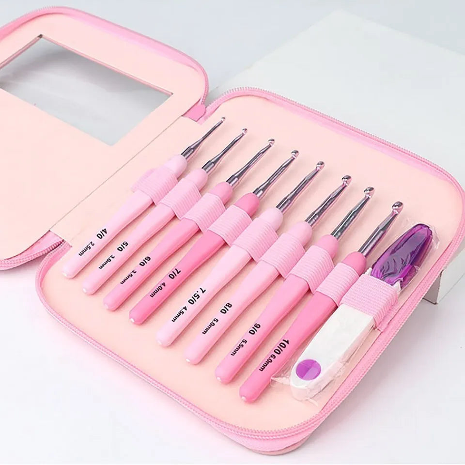Set Ganci da Cucito a Uncinetto Ergonomici in Alluminio (2,5-6 mm) – 9 pezzi con Impugnatura Morbida per Crochet