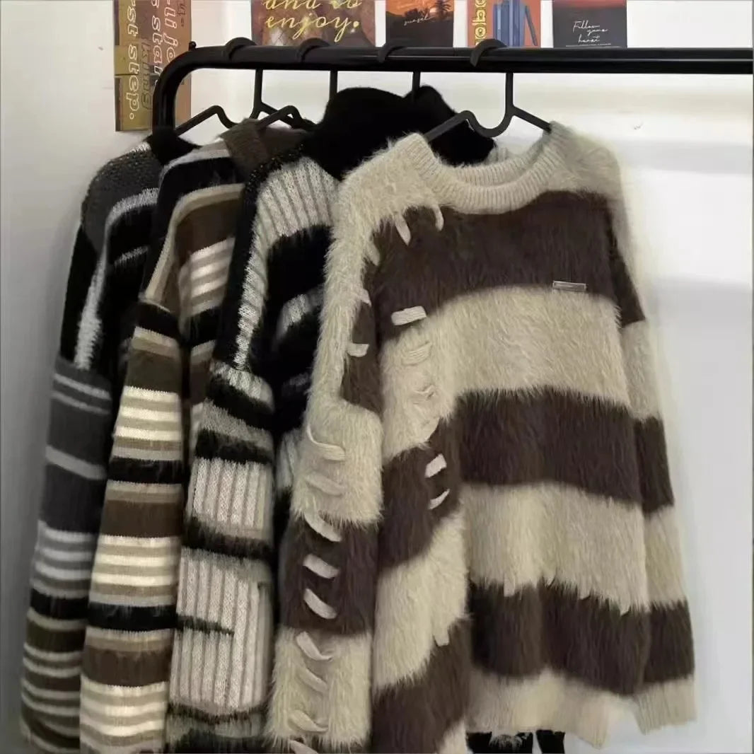 Maglione in “faux mink” righe e color block – Pullover oversize autunno/inverno morbido e fashion donna