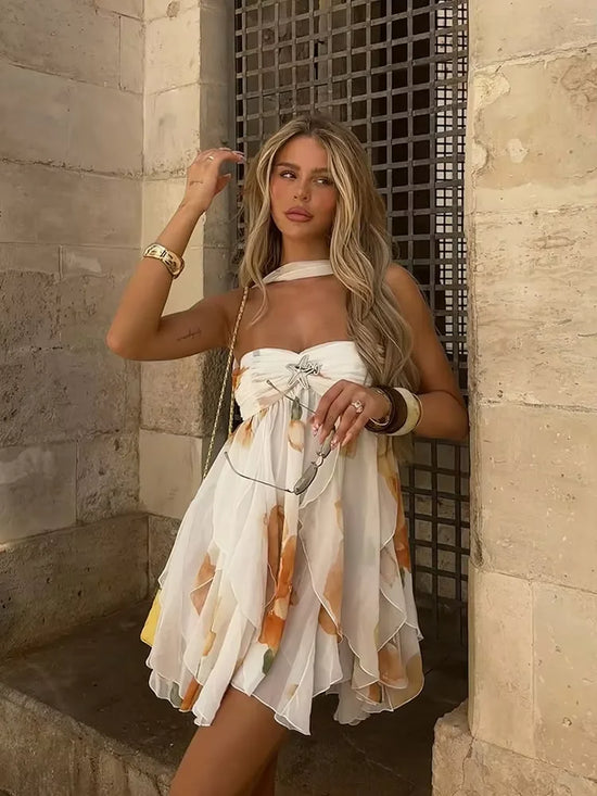 Abito mini plissettato con scollo scarf e spalle scoperte – Vestido estivo donna 2025