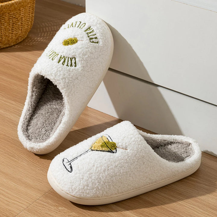 Pantofole Donna Invernali Simpatiche Plush Ricamo Cocktail – Calde, Traspiranti e Antiscivolo