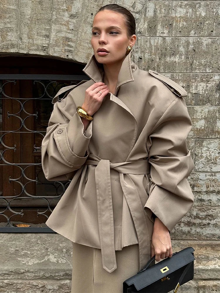 Trench coat donna con lacci – Giacca lunga a maniche lunghe, doppio petto, colletto a revers, stile casual elegante per l'autunno/inverno 2025