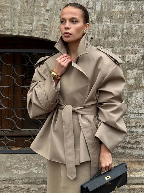 Trench coat donna con lacci – Giacca lunga a maniche lunghe, doppio petto, colletto a revers, stile casual elegante per l'autunno/inverno 2025