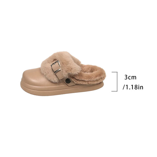 Women EVA Thick Sole Fur Slippers Closed Toe Fluffy Warm Home Slippers Woman Buckle Fashion Slip-on Cover Head Cotton Slippers