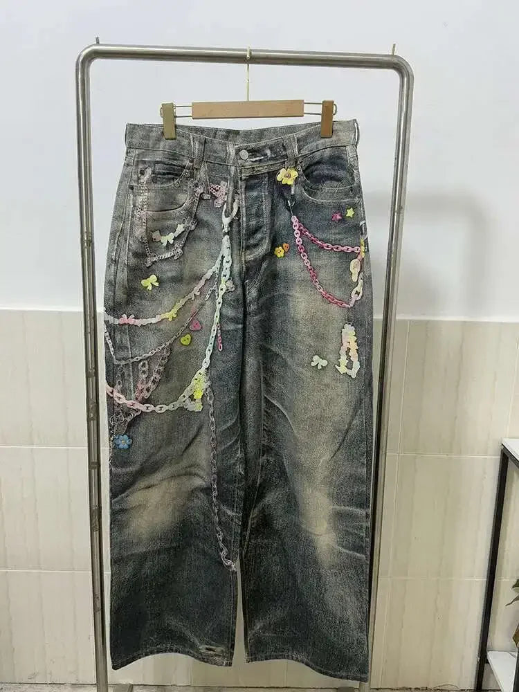 Jeans Donna Vita Alta con Stampa Catena – Denim Fashion Streetwear