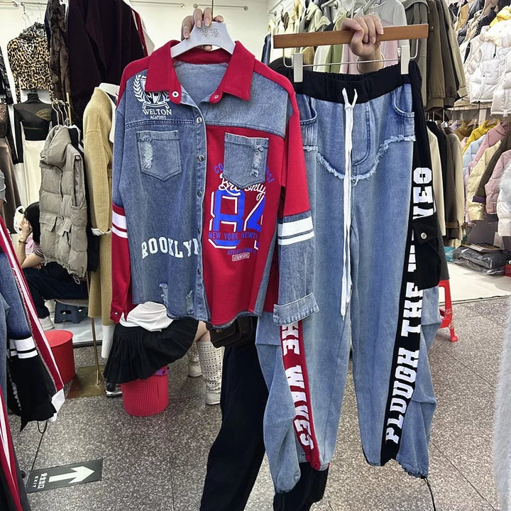 Completo Donna 2 Pezzi Denim Patchwork – Camicia Lunga + Jeans Vita Elastica Street Stylewo-Piece Set Letter Splicing