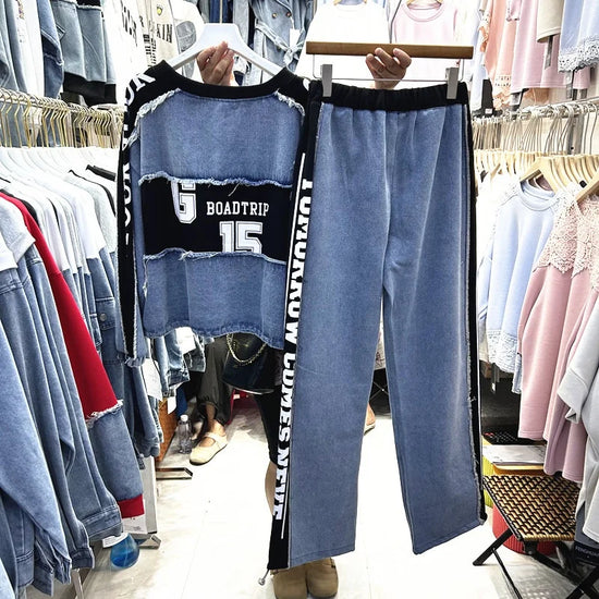 Completo Donna Denim Patchwork – Felpa + Pantaloni Streetwear Casual