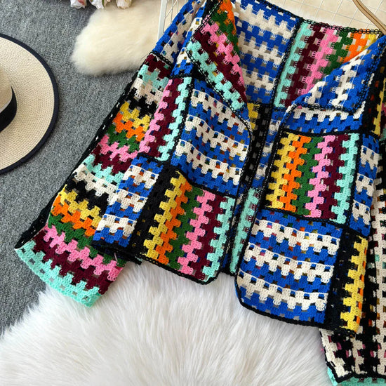 Cardigan multicolore crochet donna – Maglione traforato patchwork openwork