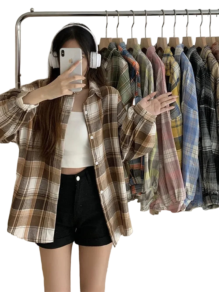 Camicia a quadri donna autunno – camicia manica lunga stile preppy vintage, taglio loose, single-breasted