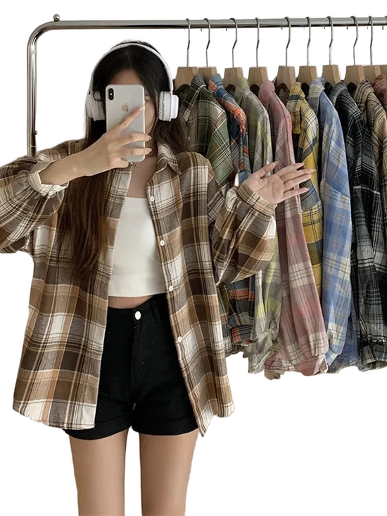 Camicia a quadri donna autunno – camicia manica lunga stile preppy vintage, taglio loose, single-breasted