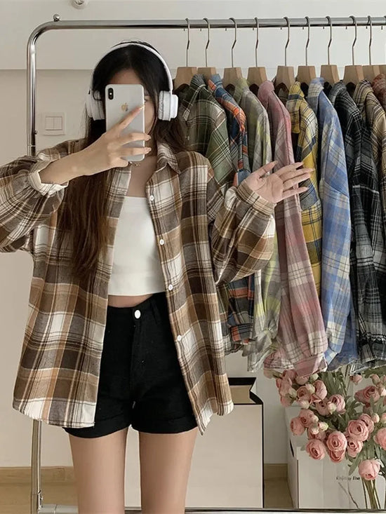 Camicia a quadri donna autunno 2025 – camicia manica lunga stile preppy vintage, taglio loose, single-breasted