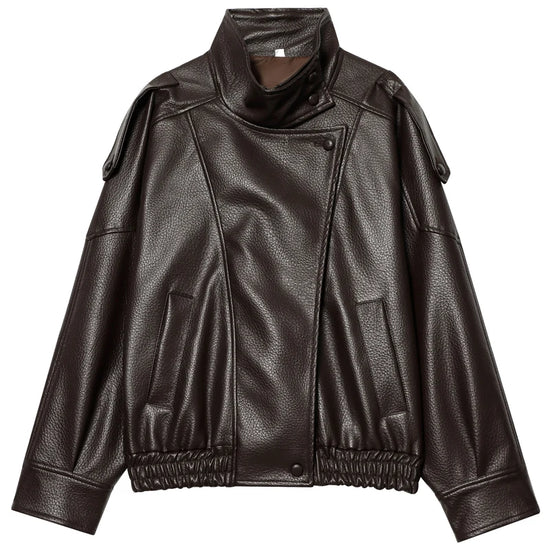 Bomber corto donna effetto pelle con zip e collo alto - Marrone
