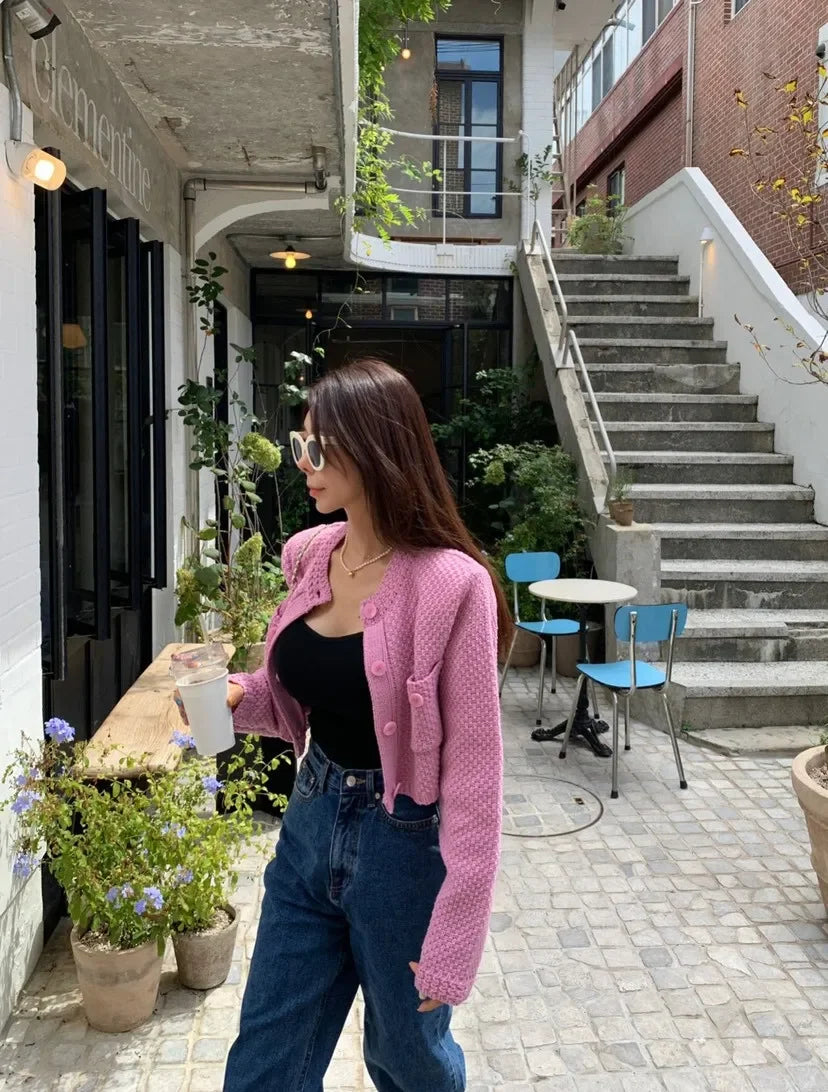Cardigan donna coreano maniche corte collo polo – versatile knit senza maniche, girocollo, perfetto per tutte le stagioni