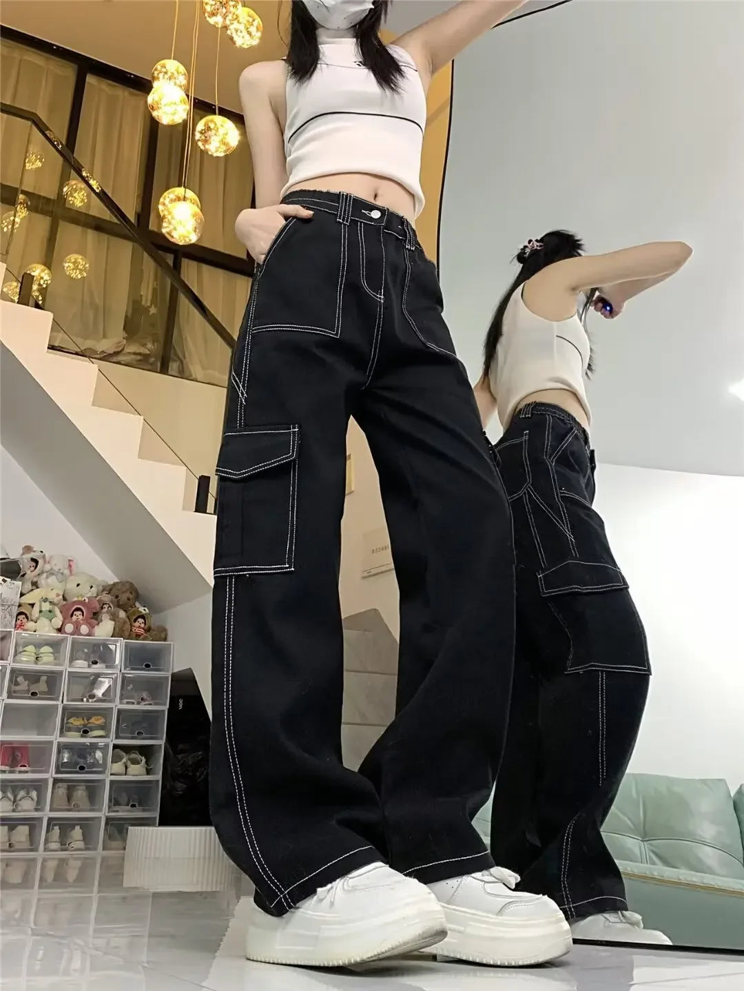 Jeans donna vita alta – Straight / loose fit a gamba dritta, cargo stile, effetto snellente per primavera/autunno