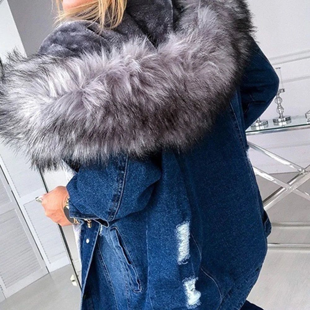 Giacca denim donna con cappuccio e collo peluche – Giubbotto imbottito invernale oversize con interno caldo
