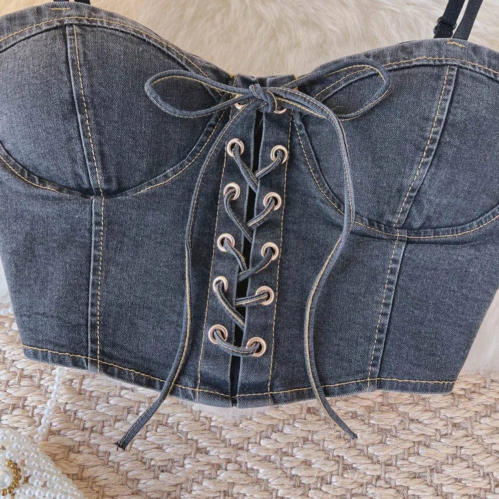 Top Denim Corsetto con Reggiseno Integrato – Crop Top Donna