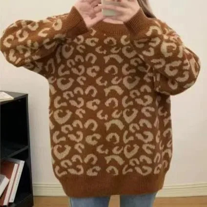 Pullover spesso jacquard 2025 donna – Maglione con fantasia leopard per autunno/inverno
