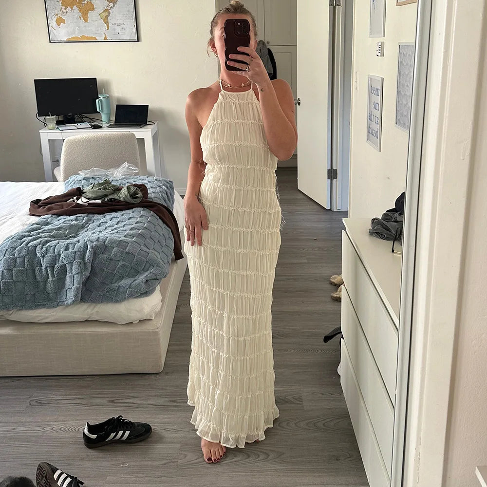 Abito Lungo Donna con Schiena Scoperta e Pieghe – Vestito Elegante Lotus Leaf 2026
