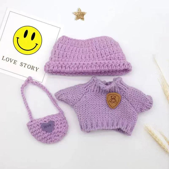 Set di abbigliamento lavorato a mano per bambola Labubu da 17 cm – Maglione, cappello e zaino