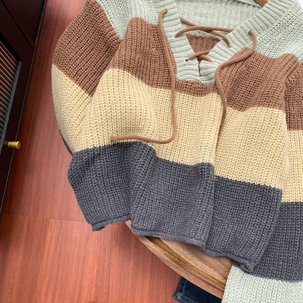 Pullover donna a righe multicolore con scollo lacciato – Maglione crop a maniche lunghe, knit casual autunno/inverno