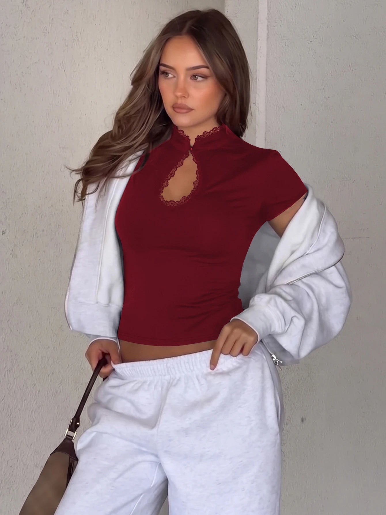 Dulzura O-Neck Short Sleeve Hollow Out Lace Ruffle Patchwork T-Shirt Women'S Solid Sexy Casual Y2K Top Party Club Street Clothes