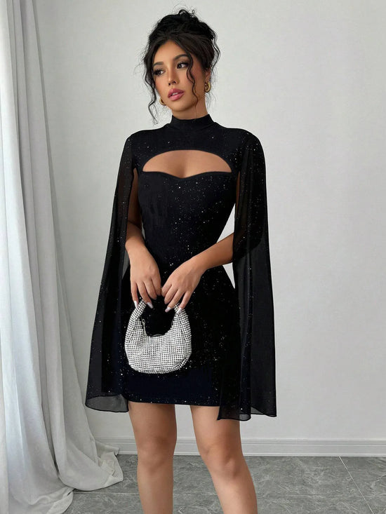 Abito Elegante Donna con Mantella in Chiffon – Vestito Cerimonia Aderente