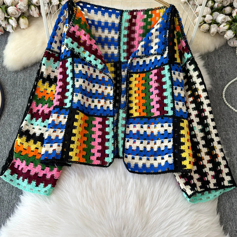 Cardigan multicolore crochet donna – Maglione traforato patchwork openwork