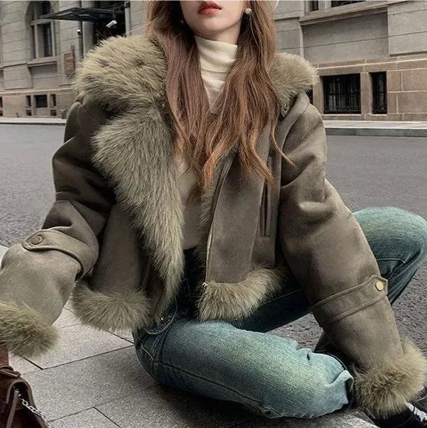 Giacca biker in pelle scamosciata donna con fodera in pelliccia sintetica – Cappotto corto casual slim fit per autunno e inverno