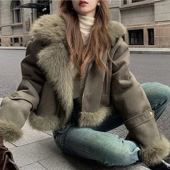 Giacca biker in pelle scamosciata donna con fodera in pelliccia sintetica – Cappotto corto casual slim fit per autunno e inverno