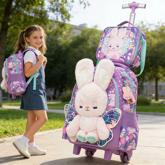 Girls 3D Plush Cat Rolling Backpack 3PCS Set - Waterproof Trolley School Bag with Wheels, Insulated Lunch Bag and Pencil Pouch -