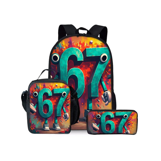 New Colorful Number 67 Print Three Piece Set Backpacks for Boy and Girls Best Gifts 2D Flat Cartoon School Bag for Children