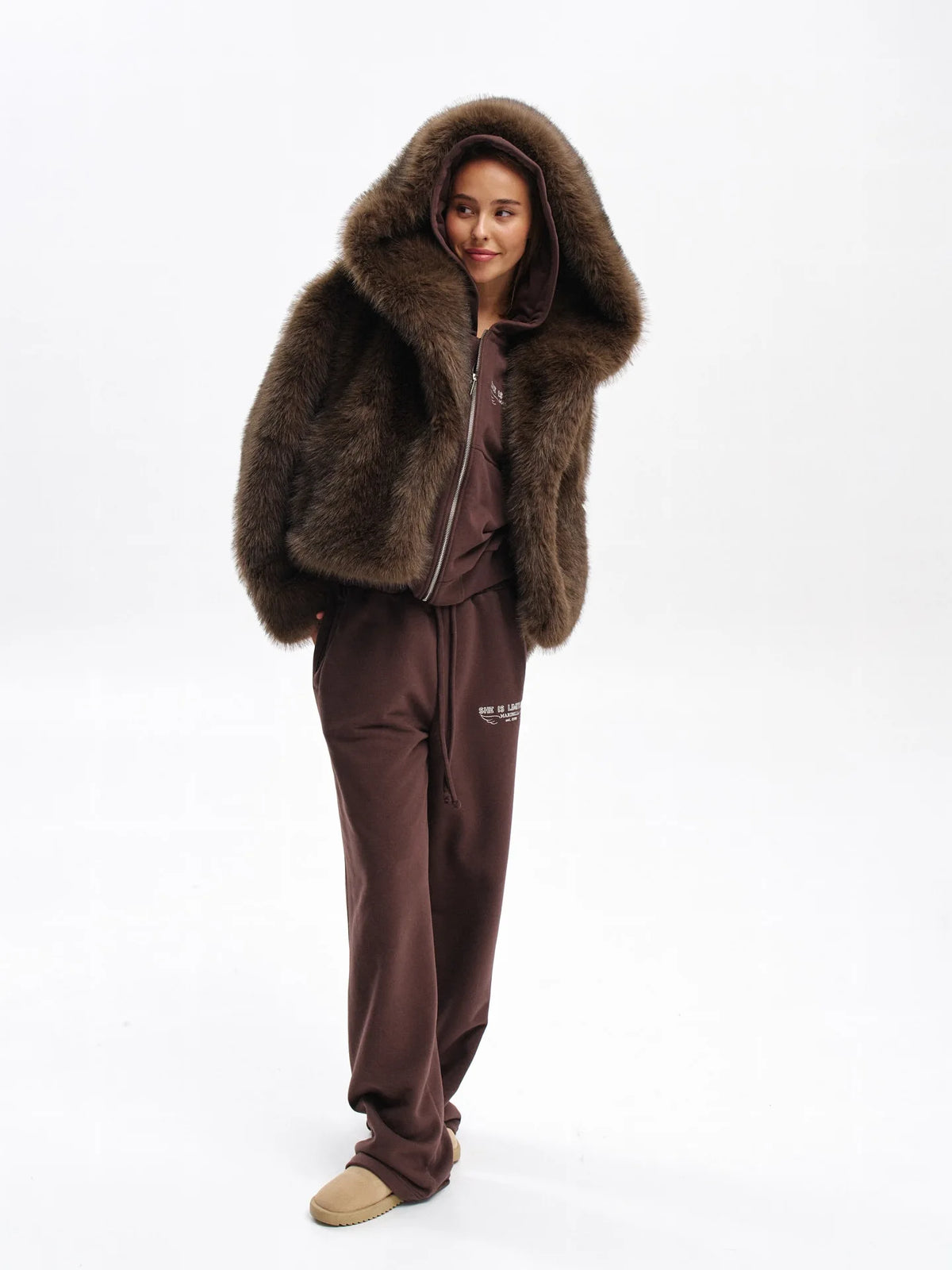 Pelliccia sintetica donna marrone con cappuccio