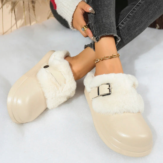 Women EVA Thick Sole Fur Slippers Closed Toe Fluffy Warm Home Slippers Woman Buckle Fashion Slip-on Cover Head Cotton Slippers