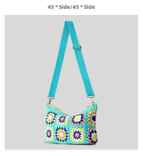 Borsa a tracolla in cotone uncinetto traforato – shoulder bag artigianale floreale con zip, stile boho