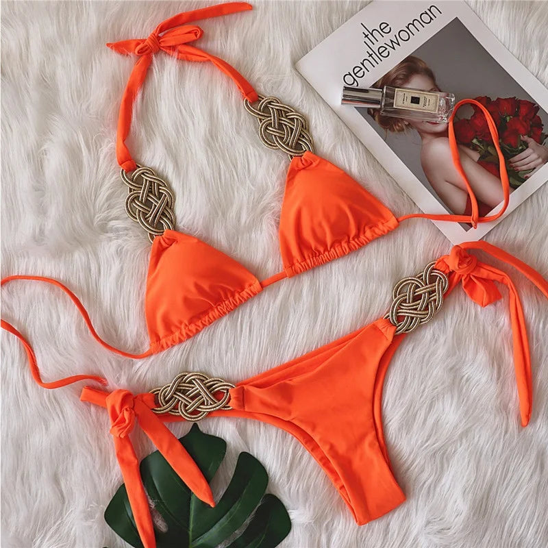 Bikini 2025 – Set Brasiliano Elegante con Nodo Oro, S–XL