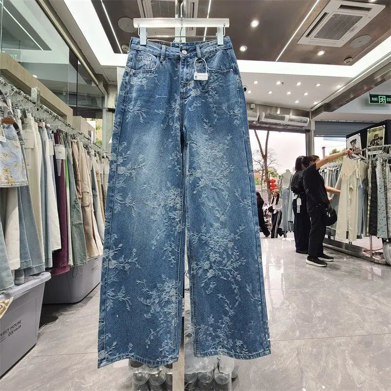 Jeans Wide Leg Donna a Vita Alta con Motivo Jacquard