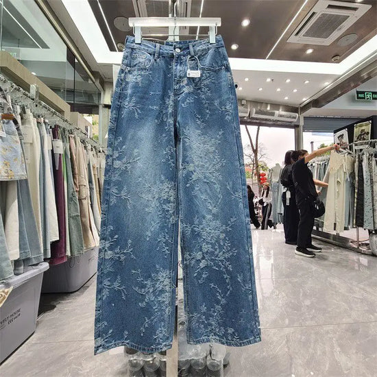 Jeans Wide Leg Donna a Vita Alta con Motivo Jacquard