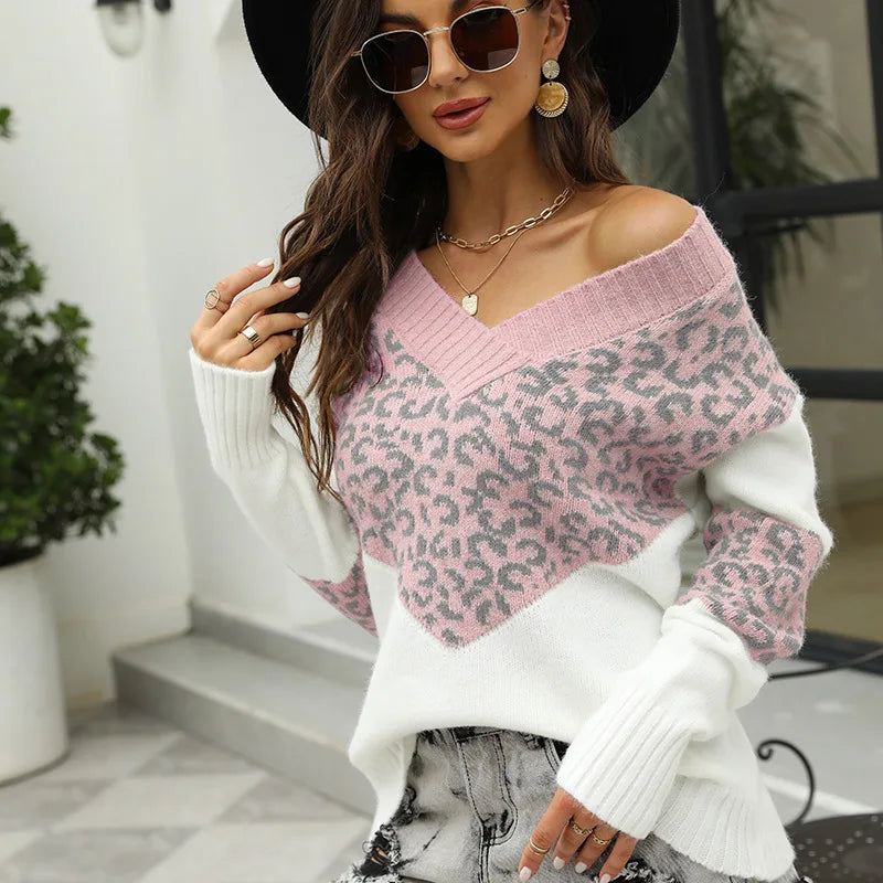 Maglione leopardato donna scollo a V in maglia leggera – Pullover loose / over fit per autunno/inverno con stampa animale